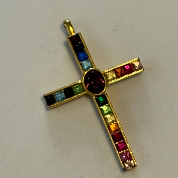 Multicolor Gemstone Gold Cross Pendant - Picture 5 of 7